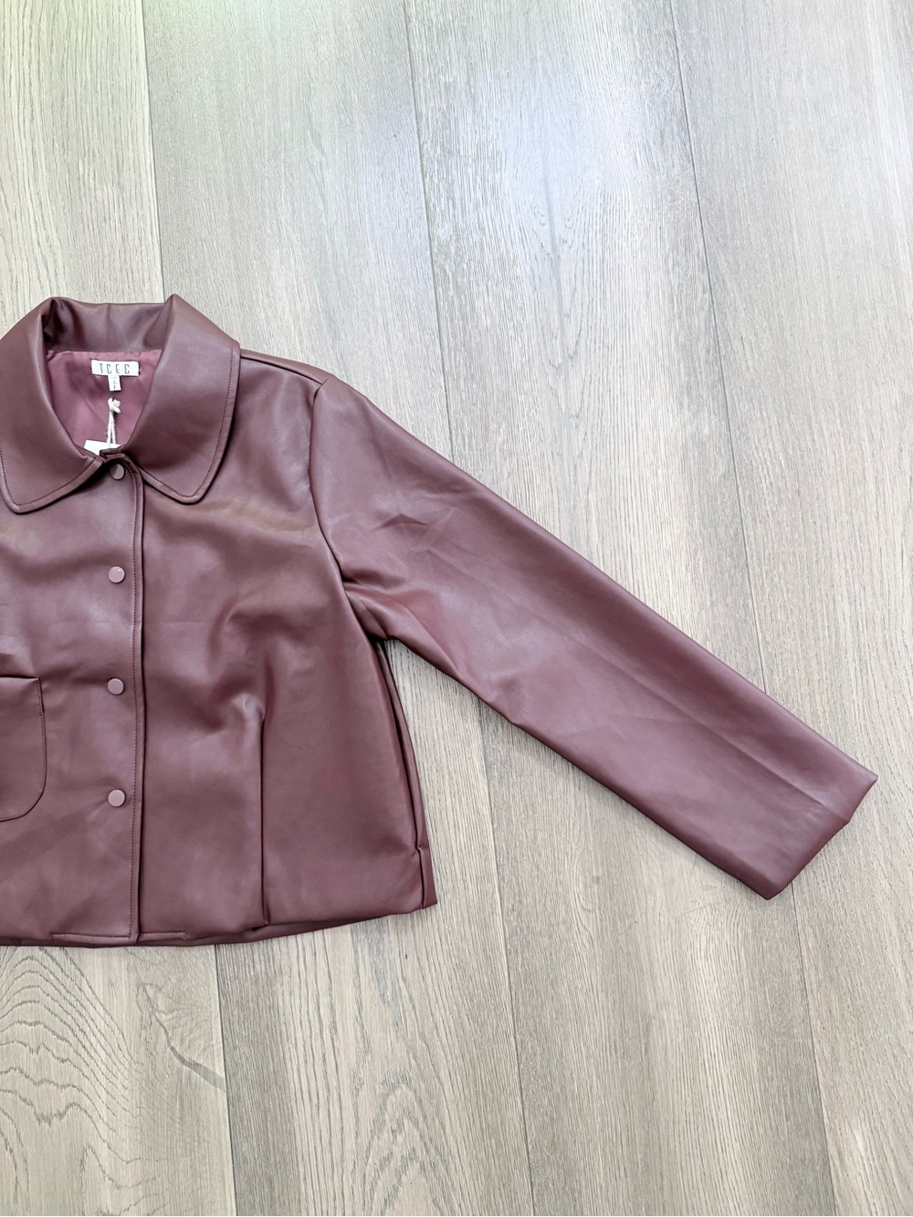 NWT TCEC Burgundy Red Statement Patch Pocket Faux Leather A-Line Jacket Medium